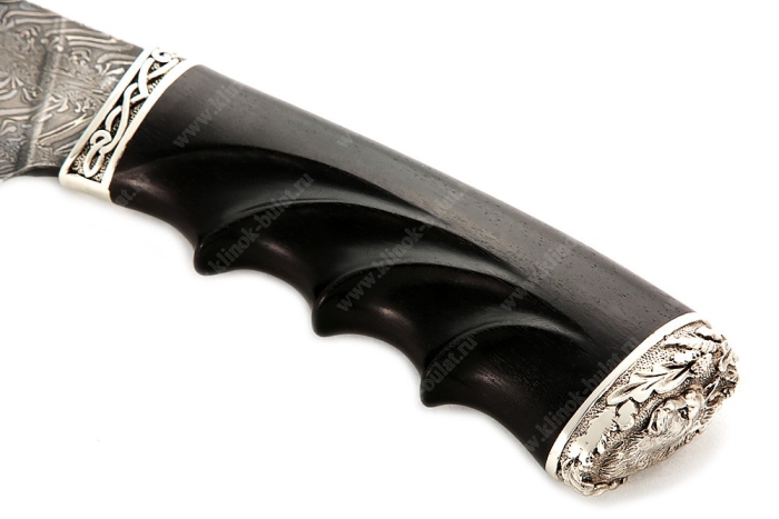 Нож Глухарь (торцевой дамаск, чёрный граб - мельхиор) резная рукоять