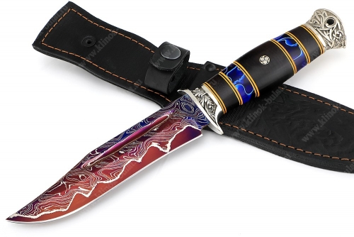 Нож Атака (ламинат воронёный - У12 и дамаск с никелем, наборная рукоять чёрный граб, акрил, фибра, мельхиор, мозаичный пин)