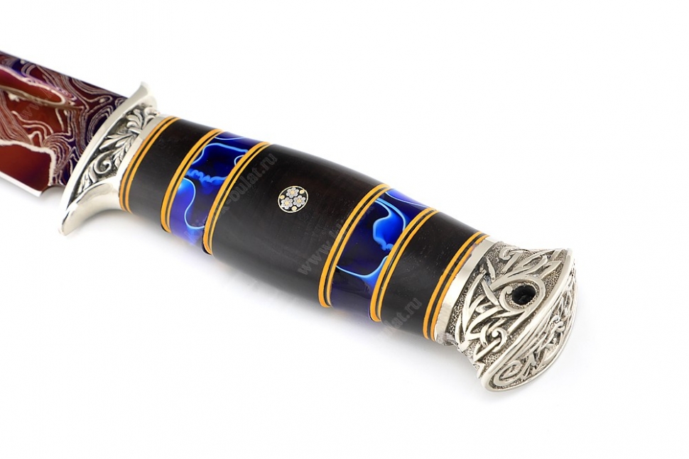 Нож Атака (ламинат воронёный - 9ХС и дамаск с никелем, наборная рукоять чёрный граб, акрил, фибра, мельхиор, мозаичный пин)