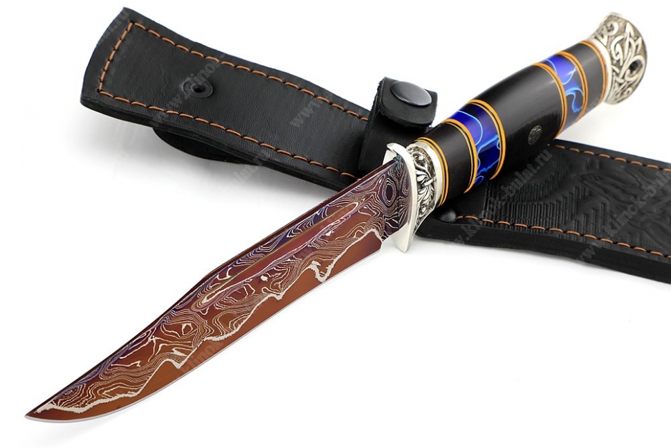 Нож Атака (ламинат воронёный - 9ХС и дамаск с никелем, наборная рукоять чёрный граб, акрил, фибра, мельхиор, мозаичный пин)
