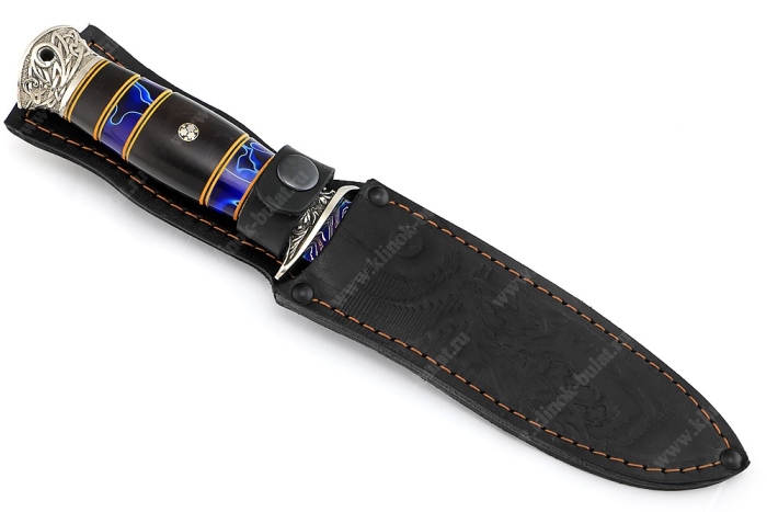 Нож Атака (ламинат воронёный - 9ХС и дамаск с никелем, наборная рукоять чёрный граб, акрил, фибра, мельхиор, мозаичный пин)