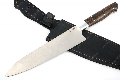 Нож Шеф большой премиум (порошковая сталь Elmax - сатин, дюраль - коричневая стабилизированная карельская берёза) цельнометаллический