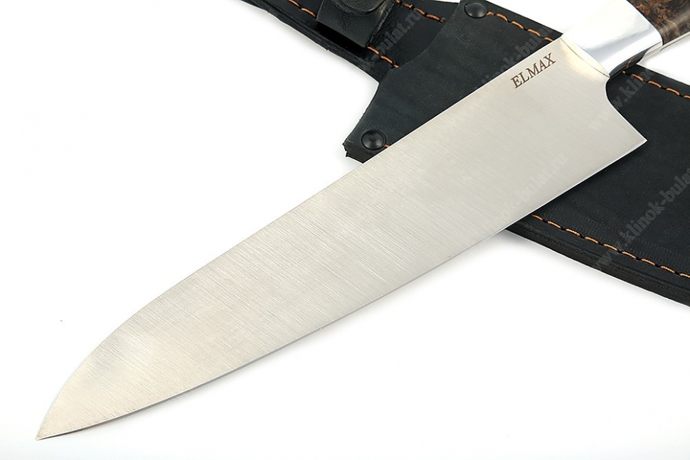 Нож Шеф большой премиум (порошковая сталь Elmax - сатин, дюраль - коричневая стабилизированная карельская берёза) цельнометаллический