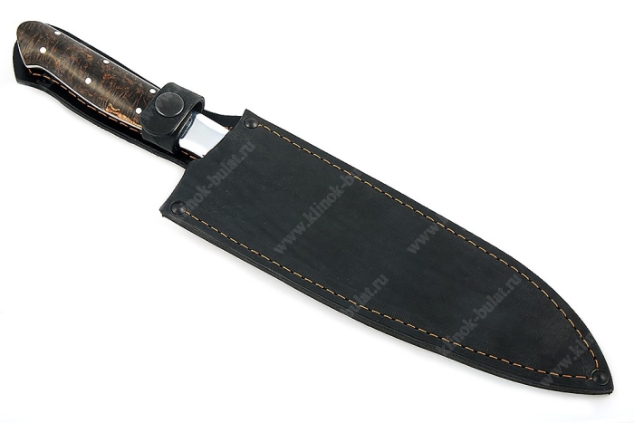 Нож Шеф большой премиум (порошковая сталь Elmax - сатин, дюраль - коричневая стабилизированная карельская берёза) цельнометаллический