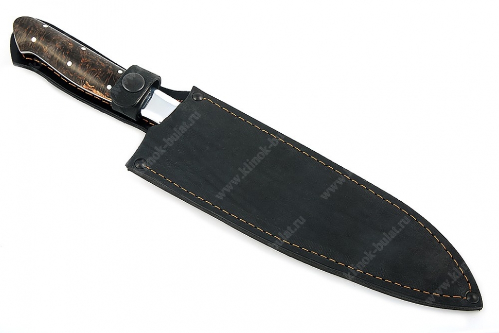 Нож Шеф большой премиум (порошковая сталь Elmax - сатин, дюраль - коричневая стабилизированная карельская берёза) цельнометаллический