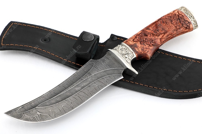Нож Легион (дамаск-долы, карельская берёза-мельхиор) резьба - кабан