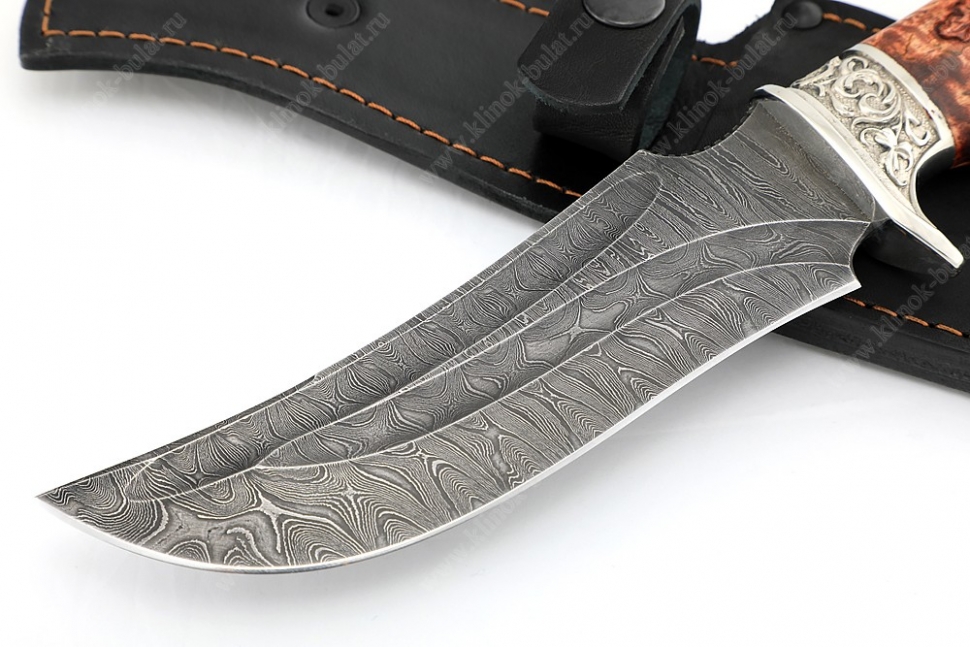 Нож Легион (дамаск-долы, карельская берёза-мельхиор) резьба - кабан
