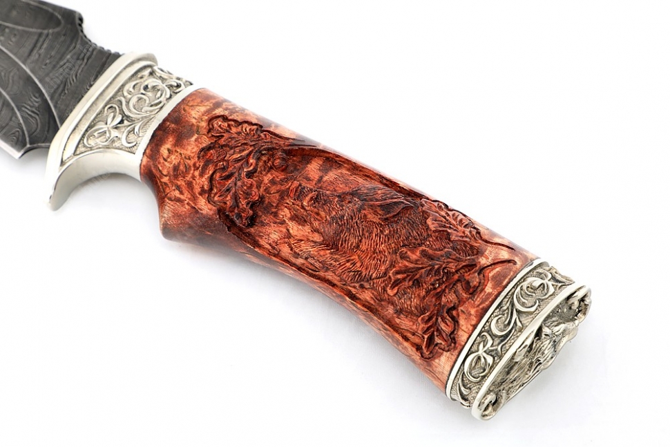 Нож Легион (дамаск-долы, карельская берёза-мельхиор) резьба - кабан