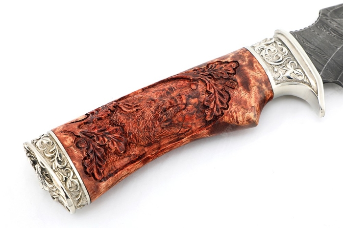 Нож Легион (дамаск-долы, карельская берёза-мельхиор) резьба - кабан
