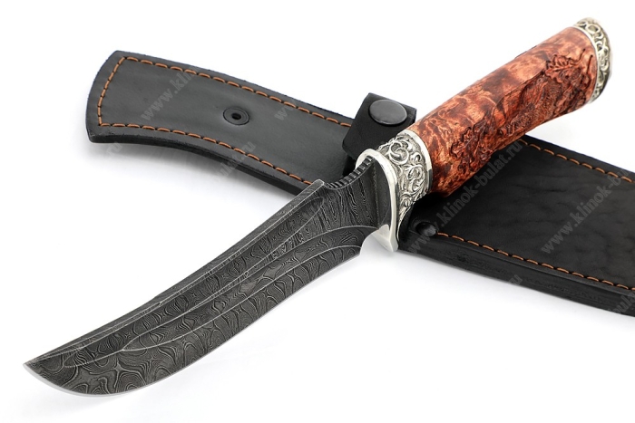 Нож Легион (дамаск-долы, карельская берёза-мельхиор) резьба - кабан