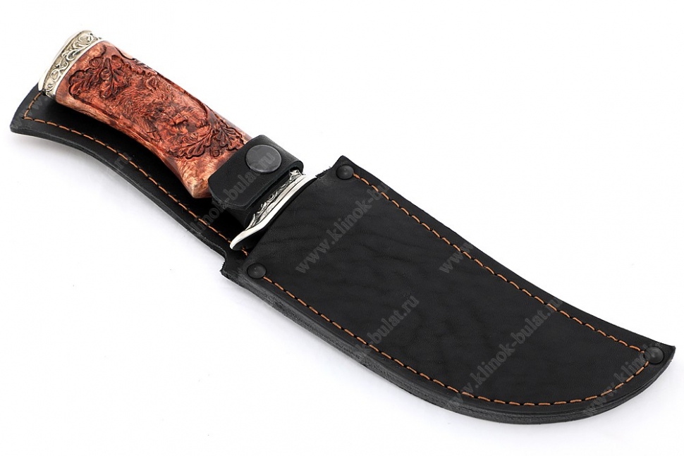 Нож Легион (дамаск-долы, карельская берёза-мельхиор) резьба - кабан