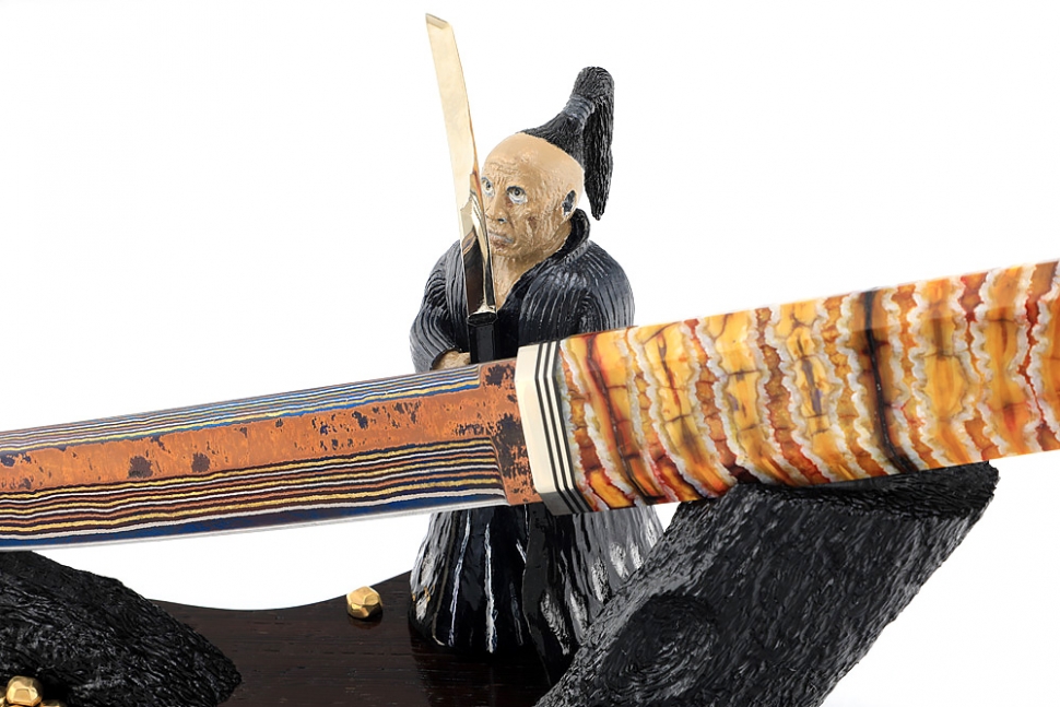 Нож Самурай (ламинат воронение, больстер мокумэ-ганэ, стабилизированный зуб мамонта, подставка) В ЕДИНИЧНОМ ЭКЗЕМПЛЯРЕ