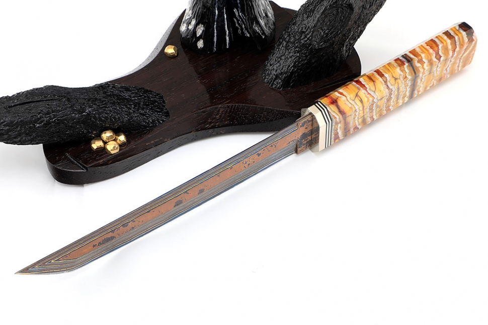 Нож Самурай (ламинат воронение, больстер мокумэ-ганэ, стабилизированный зуб мамонта, подставка) В ЕДИНИЧНОМ ЭКЗЕМПЛЯРЕ