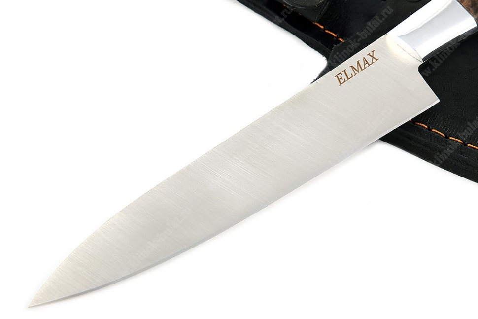 Нож Шеф средний премиум (порошковая сталь Elmax - сатин, дюраль - коричневая стабилизированная карельская берёза) цельнометаллический