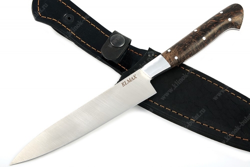 Нож Шеф средний премиум (порошковая сталь Elmax - сатин, дюраль - коричневая стабилизированная карельская берёза) цельнометаллический