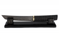Нож Самурай (мозаичный дамаск с никелем, черный граб, резьба ручной работы) на подставке, ОГРАНИЧЕННАЯ СЕРИЯ