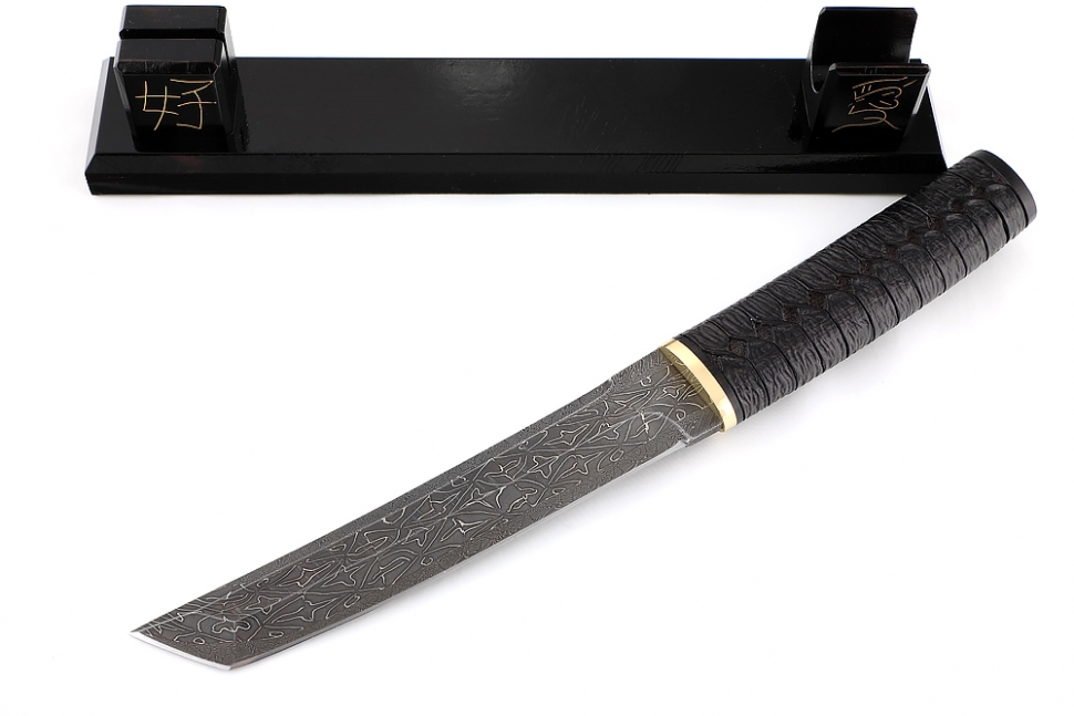 Нож Самурай (мозаичный дамаск с никелем, черный граб, резьба ручной работы) на подставке, ОГРАНИЧЕННАЯ СЕРИЯ