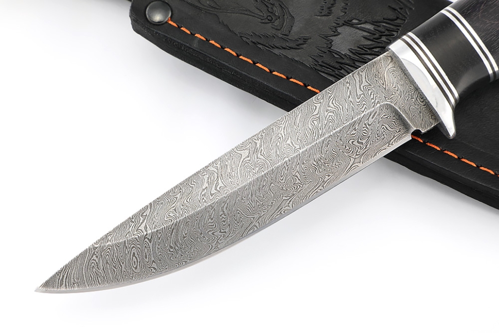 Нож Пантера (дамаск, вставка черный граб, карельская береза фиолетовая)