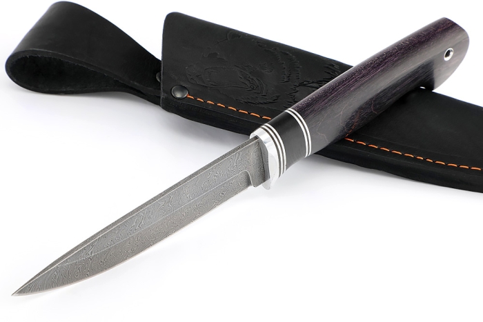 Нож Пантера (дамаск, вставка черный граб, карельская береза фиолетовая)