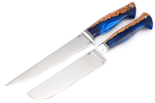 Набор из 2 ножей: Филейный средний и нож Узбек (х12МФ, stone wash, рукоять гибрид карельская береза акрил синий)