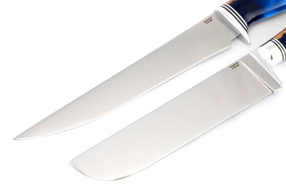 Набор из 2 ножей: Филейный средний и нож Узбек (х12МФ, stone wash, рукоять гибрид карельская береза акрил синий)