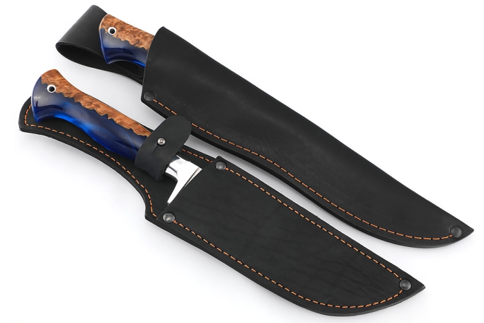 Набор из 2 ножей: Филейный средний и нож Узбек (х12МФ, stone wash, рукоять гибрид карельская береза акрил синий)