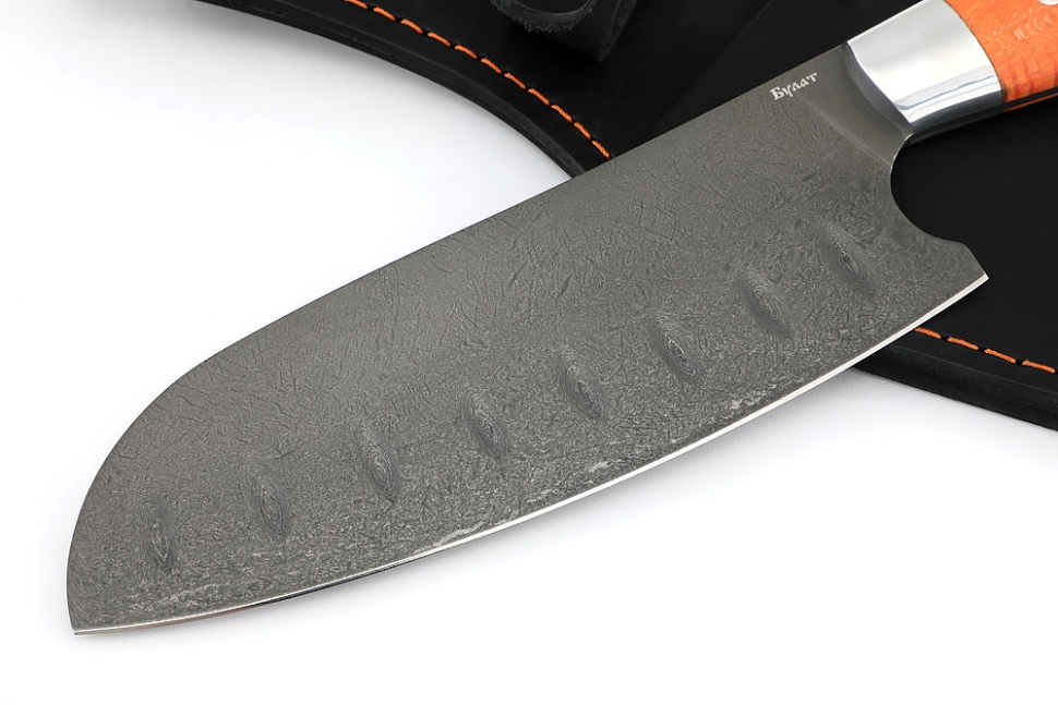 Кухонный нож Сантоку средний (широкий) сталь булат, рукоять карельская береза, цельнометаллический