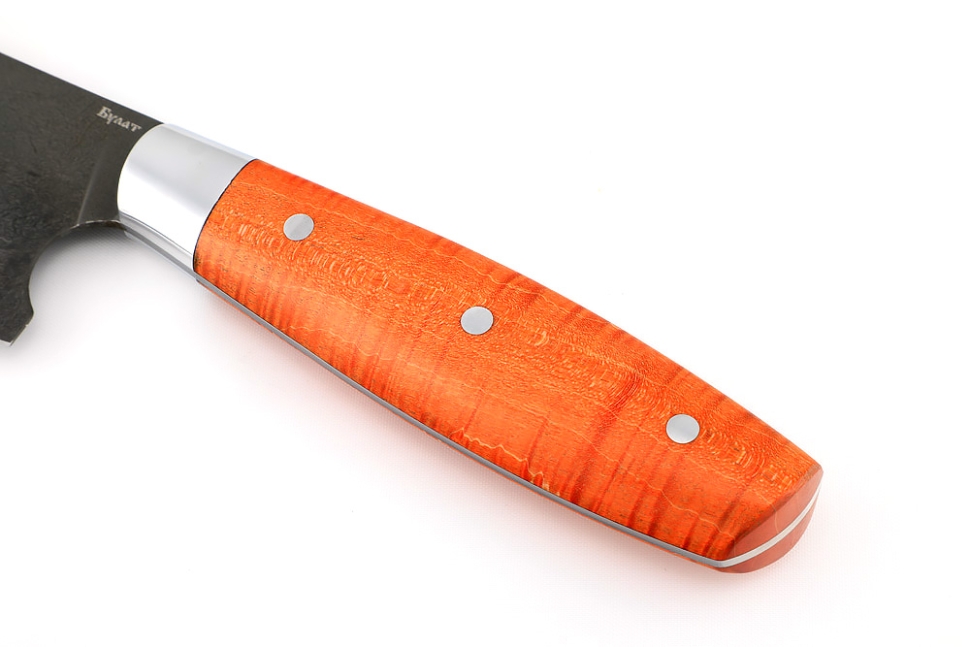 Кухонный нож Сантоку средний (широкий) сталь булат, рукоять карельская береза, цельнометаллический