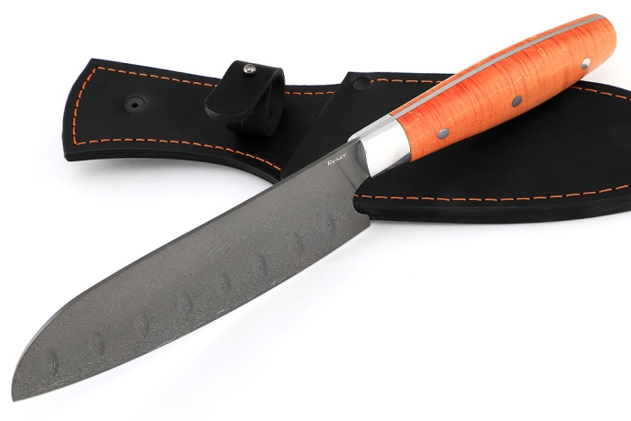 Кухонный нож Сантоку средний (широкий) сталь булат, рукоять карельская береза, цельнометаллический