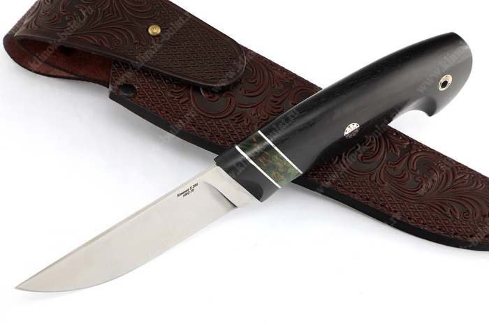 Нож Барсук (S390, гарда карбон, зелёная карельская берёза, чёрный граб, мозаичные пины)