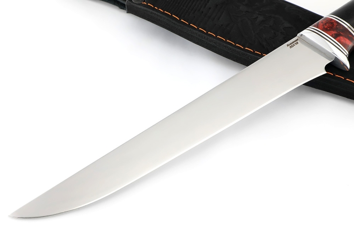 Нож Филейный большой (95х18, вставка акрил красный, черный граб)