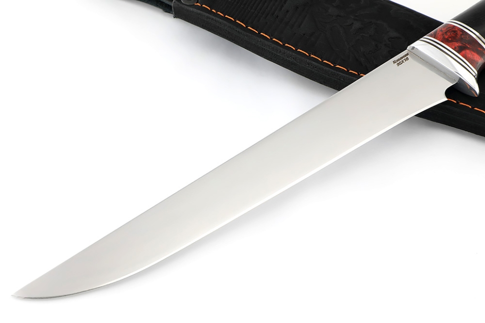 Нож Филейный большой (95х18, вставка акрил красный, черный граб)