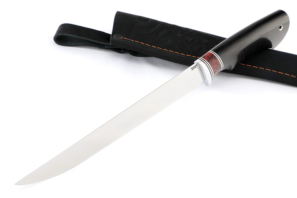 Нож Филейный большой (95х18, вставка акрил красный, черный граб)