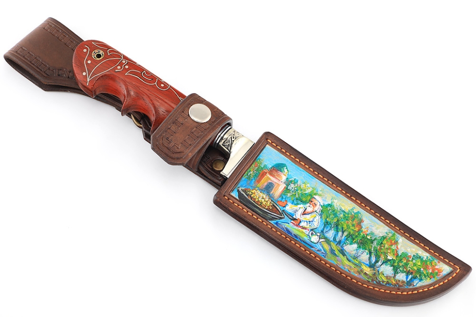 Нож Узбек-2 (S390, падук, резная рукоять, инкрустация) формованные ножны