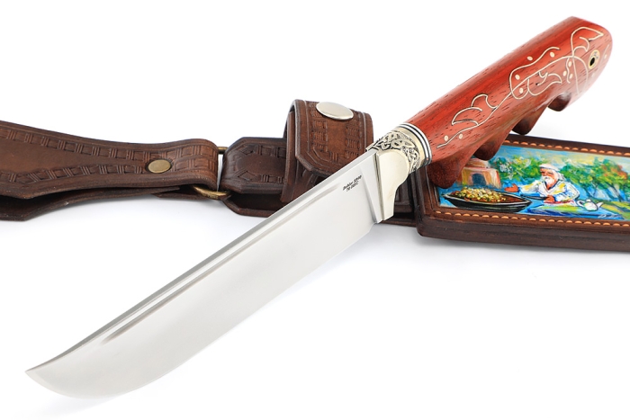 Нож Узбек-2 (S390, падук, резная рукоять, инкрустация) формованные ножны