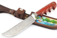 Нож Узбек-2 (нержавеющий дамаск, падук, резная рукоять, инкрустация) формованные ножны