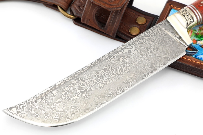 Нож Узбек-2 (нержавеющий дамаск, падук, резная рукоять, инкрустация) формованные ножны