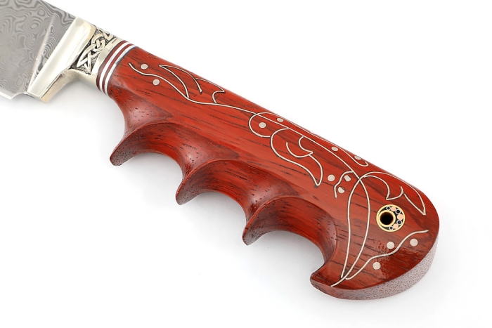 Нож Узбек-2 (нержавеющий дамаск, падук, резная рукоять, инкрустация) формованные ножны