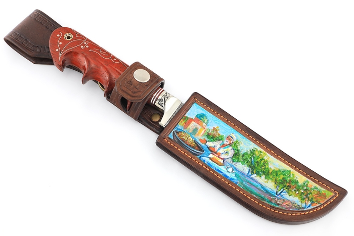 Нож Узбек-2 (нержавеющий дамаск, падук, резная рукоять, инкрустация) формованные ножны
