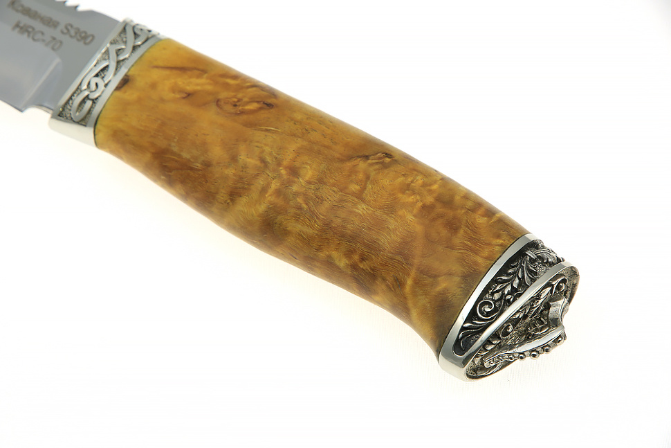 Нож Судак большой (S390, жёлтая стабилизированная карельская берёза - мельхиор)