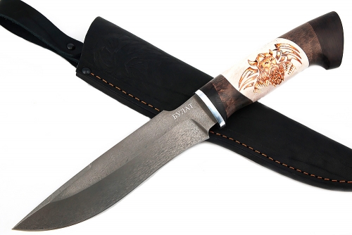 Нож Викинг (булат, рог лося - стабилизированная карельская берёза), выжигание на кости