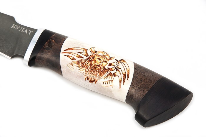 Нож Викинг (булат, рог лося - стабилизированная карельская берёза), выжигание на кости