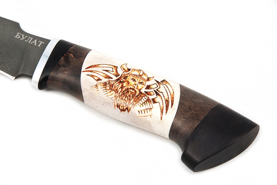 Нож Викинг (булат, рог лося - стабилизированная карельская берёза), выжигание на кости
