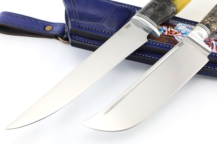 Спарка из 2 ножей: Филейный средний и нож Узбек-3 (х12МФ, stone wash, рукоять гибрид кап клена акрил желтый) формованные ножны