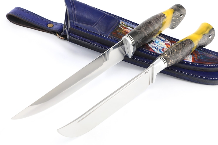 Спарка из 2 ножей: Филейный средний и нож Узбек-3 (х12МФ, stone wash, рукоять гибрид кап клена акрил желтый) формованные ножны