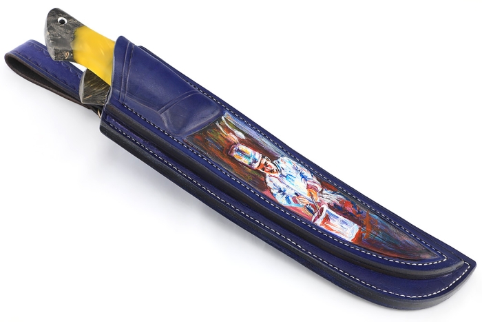 Спарка из 2 ножей: Филейный средний и нож Узбек-3 (х12МФ, stone wash, рукоять гибрид кап клена акрил желтый) формованные ножны