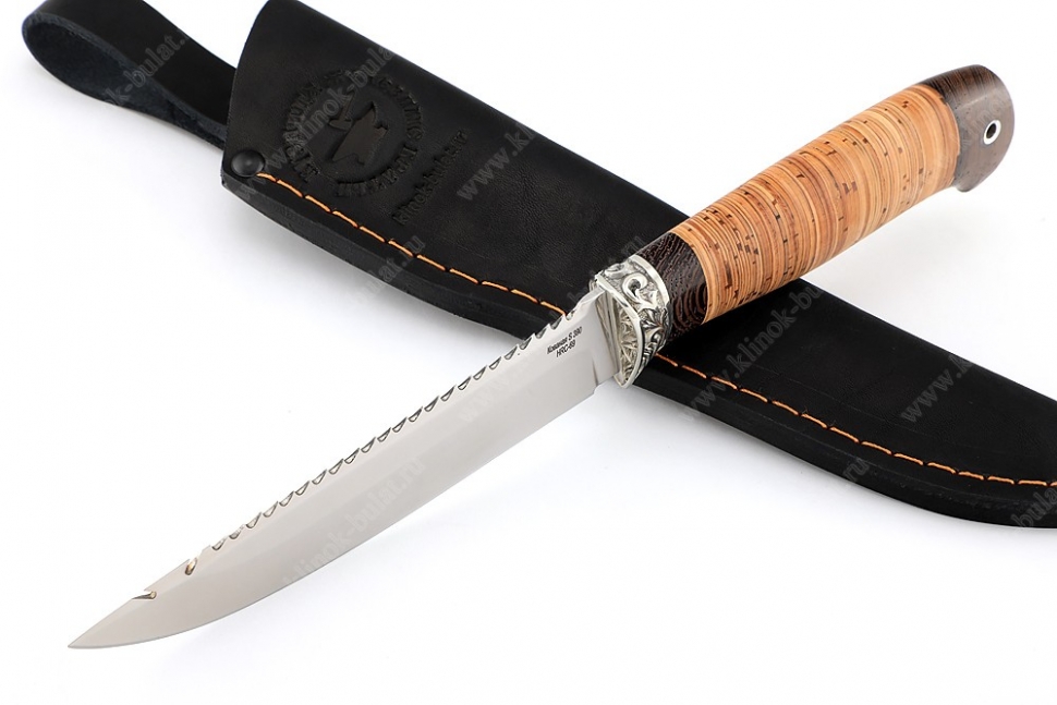 Нож Судак большой (S390, рукоять береста-венге, гарда мельхиор)
