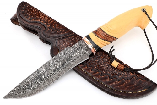 Нож Викинг-эксклюзив (торцевой дамаск с никелем, больстер мокумэ-ганэ, вставки эбен и аризонский IronWood, рукоять самшит) 