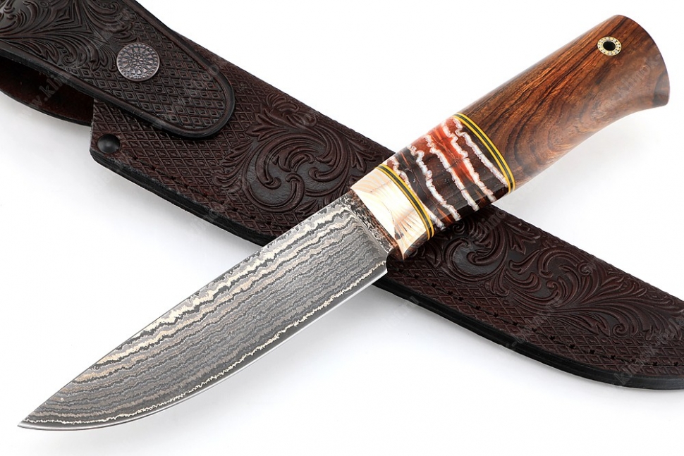 Нож Рысь (ламинат, больстер мокумэ-ганэ, рукоять зуб мамонта, айронвуд) ножны с тиснением