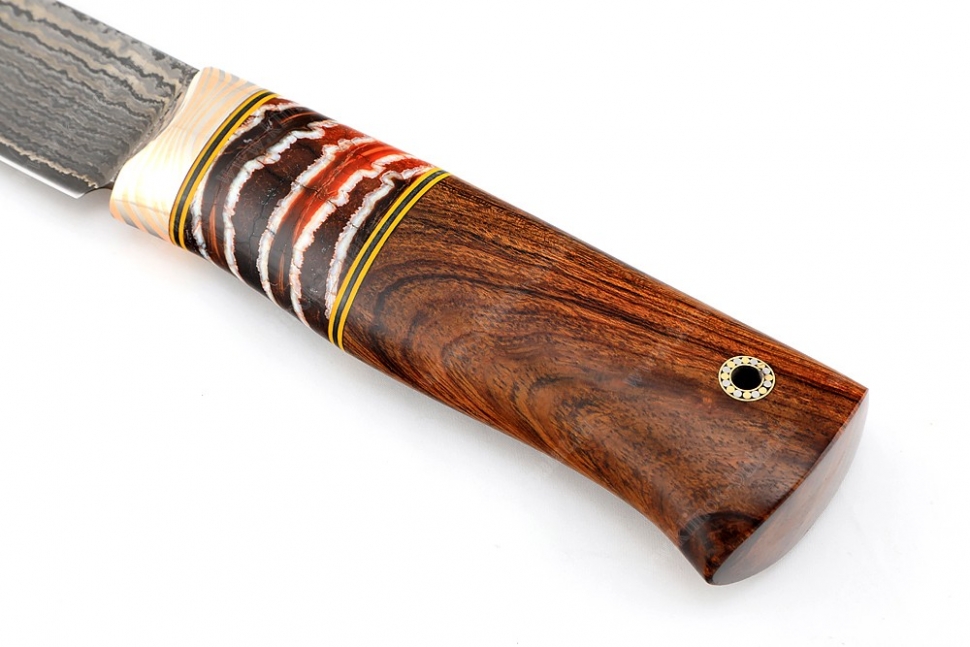 Нож Рысь (ламинат, больстер мокумэ-ганэ, рукоять зуб мамонта, айронвуд) ножны с тиснением